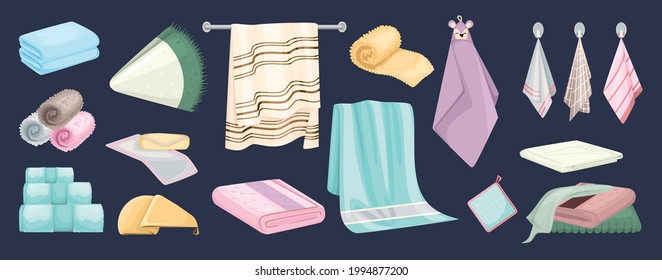 Towel color set with isolated icons of soft towels for bathing and pot holders on hooks vector illustration