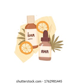 Towel and cosmetic packaging, tropical leaves, orange slices. Label inscription "AHA", "BHA". Acid toner and serum. Anti-age procedures, peeling, skin treatment. Home spa, dermatology, and cosmetology