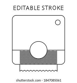Towel dispenser. Hand pulling paper towel in the bathroom. Wall mounted automatic Touchless dispenser with sensor. Restroom equipment. Drying hands safely. Editable stroke. Vector illustration
