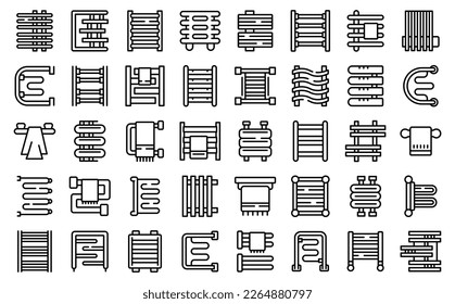 Iconos del secador de toallas establecen el vector de contorno. Spa de la casa. Pared residencial