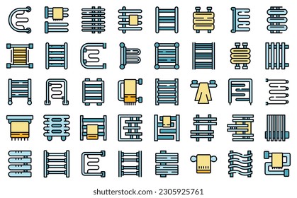 Towel dryer icons set outline vector. House spa. Home wall thin line color flat on white