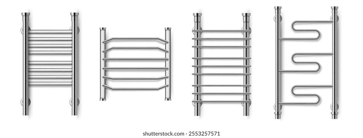 Towel dryers for bathroom interior design. Vector home accessories, heater for wet textile, silver or metallic radiators for clothes. Heating warm pipes for modern apartments and dwellings