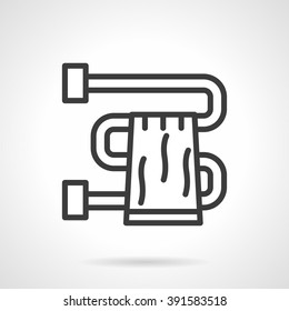 Towel hanging on pipe dryer. Bathroom accessories and equipment. Simple black line vector icon. Single element for web design, mobile app.