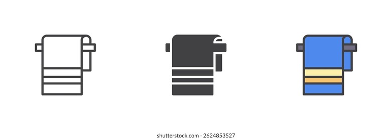 Towel hanging on a towel rack different style icon set. Line, glyph and filled outline colorful version, outline and filled vector sign. Symbol, logo illustration. Vector graphics