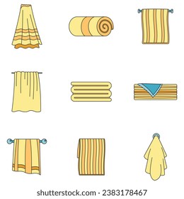 Towel hanging spa bath icons set. Outline illustration of 9 towel hanging spa bath vector icons thin line color flat on white