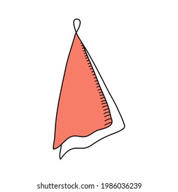 Towel is in a hanging state. Vector illustration in doodle style with strokes. Pink Textile Towel. Coral color