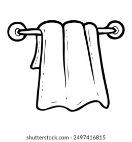 The towel hangs on the rail hand drawn doodle. Terry cloth for drying a wet body. Bathroom. Shower room. Interior Design. Vector outline line art illustration.