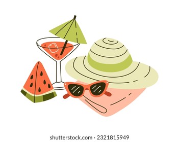Ilustración Del Vector De Toallas, Sombrero, sandía Y Cóctel