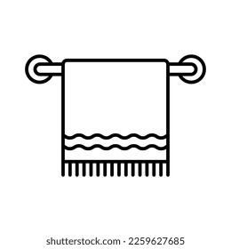 Towel and heated towel rail icon. Black contour linear silhouette. Horizontal front view. Editable strokes. Vector simple flat graphic illustration. Isolated object on a white background. Isolate.