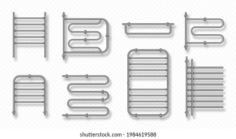 Towel heater rail warmer, coil dryer bathroom accessories. Metal chrome radiators for drying wet clothes isolated on transparent background, steel bath room design elements Realistic 3d vector set