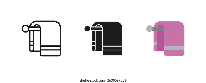 Towel icon. Bathroom textile vector illustration. Soft and absorbent fabric for drying hands and body. Hanging towel for home, washroom and shower decor.