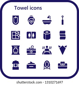 towel icon set. 16 filled towel icons.  Collection Of - Bidet, Spa, Bath, Mirror, Clean window, Bathroom, Toilet paper, Towel, Wipes, Handkerchief, Well, Hair mask, Tissue