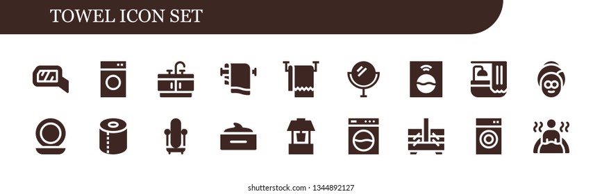 towel icon set. 18 filled towel icons.  Collection Of - Mirror, Washing machine, Bathroom, Towel, Bath, Spa, Toilet paper, Hair mask, Well, Sewing box