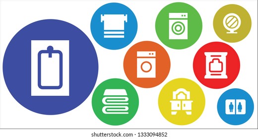 towel icon set. 9 filled towel icons.  Collection Of - Bath, Towel, Washing machine, Blanket, Mirror, Wipes, Bathroom