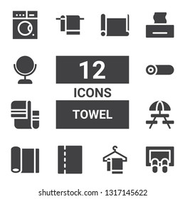 towel icon set. Collection of 12 filled towel icons included Doormat, Towel, Toilet paper, Yoga mat, Picnic, Roll, Tissue, Mirror, Washing machine, Paper roll