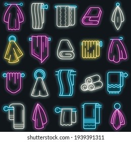 Towel icon set. Outline set of towel vector icons neon color on black