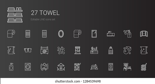 towel icons set. Collection of towel with beach towel, soap, washing machine, picnic, sauna, bath, well, sewing box, tissue box, mirror, toilet paper. Editable and scalable towel icons.