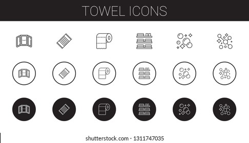 towel icons set. Collection of towel with mirror, beach towel, toilet paper, towels, soap. Editable and scalable icons.