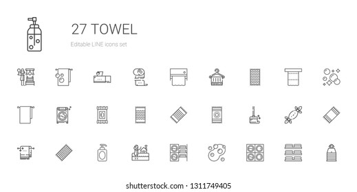 towel icons set. Collection of towel with washing machine, soap, bath, beach towel, wiping, makeup remover wipes, towels, sauna, tissues, toilet paper. Editable and scalable icons.