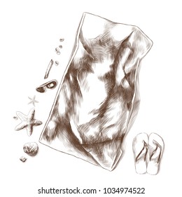 towel lying on the sand next scattered seashells, glasses and Slippers sketch vector graphics monochrome pattern