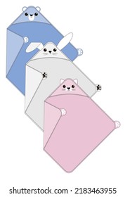 Towel for newborns with a corner in the form of a hood and with bear, bunny and kittn design. Technical sketch. Vector illustration