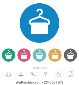 Towel on hanger flat white icons on round color backgrounds. 6 bonus icons included.