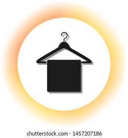 Towel On Hanger sign. Dark icon with shadow on the glowing circle button. Illustration.