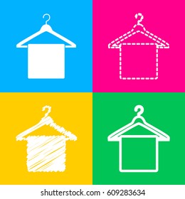 Towel On Hanger sign. Four styles of icon on four color squares.