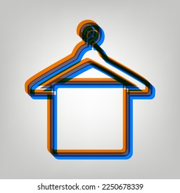 Towel On Hanger sign. Stroked Icon in orange, azure and old lavender Colors at gray Background. Illustration.