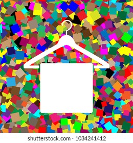 Towel On Hanger sign. Vector. White icon on colorful background with seamless pattern from squares.