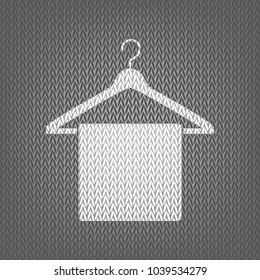 Towel On Hanger sign. Vector. White knitted icon on gray knitted background. Isolated.