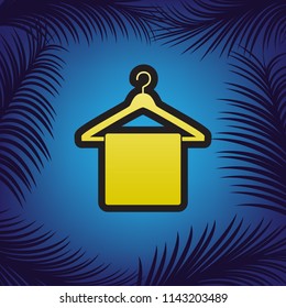 Towel On Hanger sign. Vector. Golden icon with black contour at blue background with branches of palm trees.