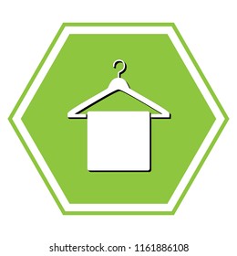 Towel On Hanger sign. Vector. White icon with black shadow at yellow green honeycomb on white background.