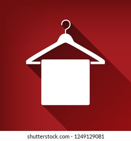 Towel On Hanger sign. Vector. White icon with limitless shadow at ruby red background.