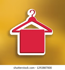 Towel On Hanger sign. Vector. Magenta icon with darker shadow, white sticker and black popart shadow on golden background.