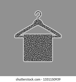 Towel On Hanger sign. Vector. Black maze filled icon with white border at gray background.