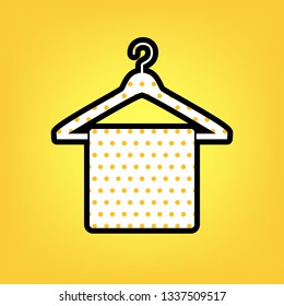 Towel On Hanger sign. Vector. Yellow polka dot white icon with black contour at warm yellow background.