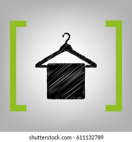 Towel On Hanger sign. Vector. Black scribble icon in citron brackets on grayish background.