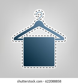 Towel On Hanger sign. Vector. Blue icon with outline for cutting out at gray background.