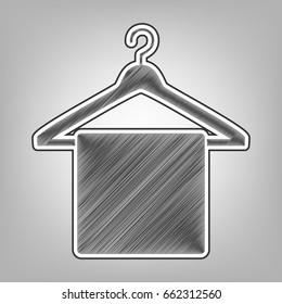 Towel On Hanger sign. Vector. Pencil sketch imitation. Dark gray scribble icon with dark gray outer contour at gray background.