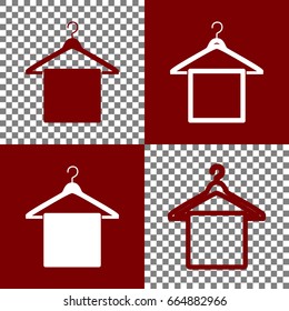 Towel On Hanger sign. Vector. Bordo and white icons and line icons on chess board with transparent background.