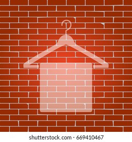 Towel On Hanger sign. Vector. Whitish icon on brick wall as background.