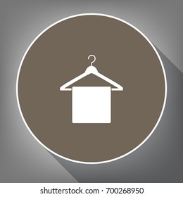 Towel On Hanger sign. Vector. White icon on brown circle with white contour and long shadow at gray background. Like top view on postament.