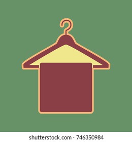 Towel On Hanger sign. Vector. Cordovan icon and mellow apricot halo with light khaki filled space at russian green background.