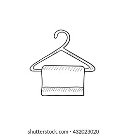 Toalla sobre el icono de boceto del vector del colgador aislado en el fondo. Toalla dibujada a mano sobre el icono de la percha. Icono de esbozo de toalla sobre percha para infografía, sitio web o aplicación.
