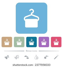 Towel on hanger white flat icons on color rounded square backgrounds. 6 bonus icons included