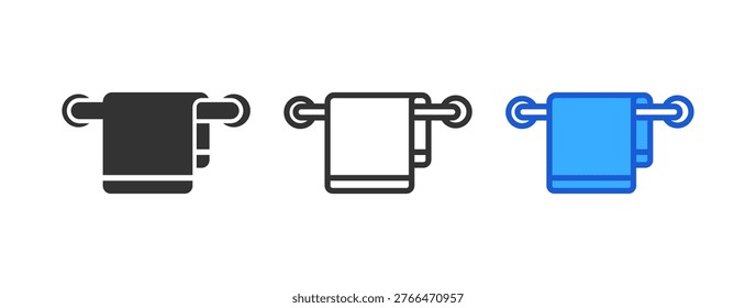Towel on rail icon set. towel, hand towel, bathroom, bath, hanging, towel rack. line, flat and colored icon set.