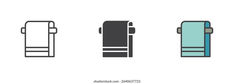 Towel on wall bar or ring icon shown in vector line, solid, and filled outline styles. Bathroom drying textile symbol icon set.
