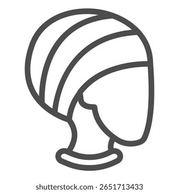 Toalha em mulher ícone da linha da cabeça, conceito do salão de spa. Gráficos vetoriais. Cabeça com xale após a lavagem do cabelo, sinal de tempo de banho no fundo branco, ícone de estilo de contorno para design móvel ou web