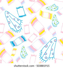 Towel pattern for beach, bathroom and shower, or hotel and vacation theme in pastel pink yellow and blue colors hand drawn flat cartoon doodle outlines on white background seamless repeat pattern tile